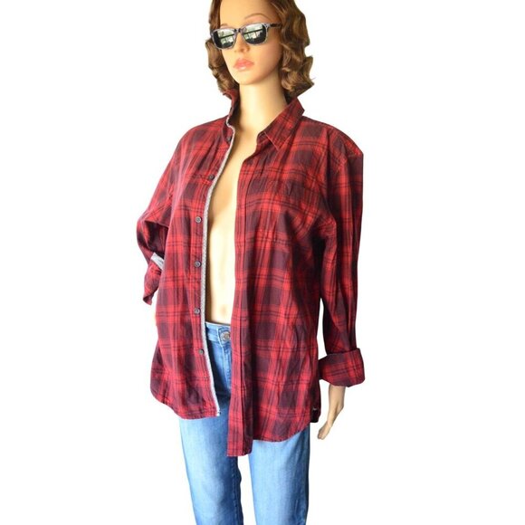 American Rag Red Black Plaid Men's Cotton Button Down Size Medium Fall Western - Picture 3 of 7